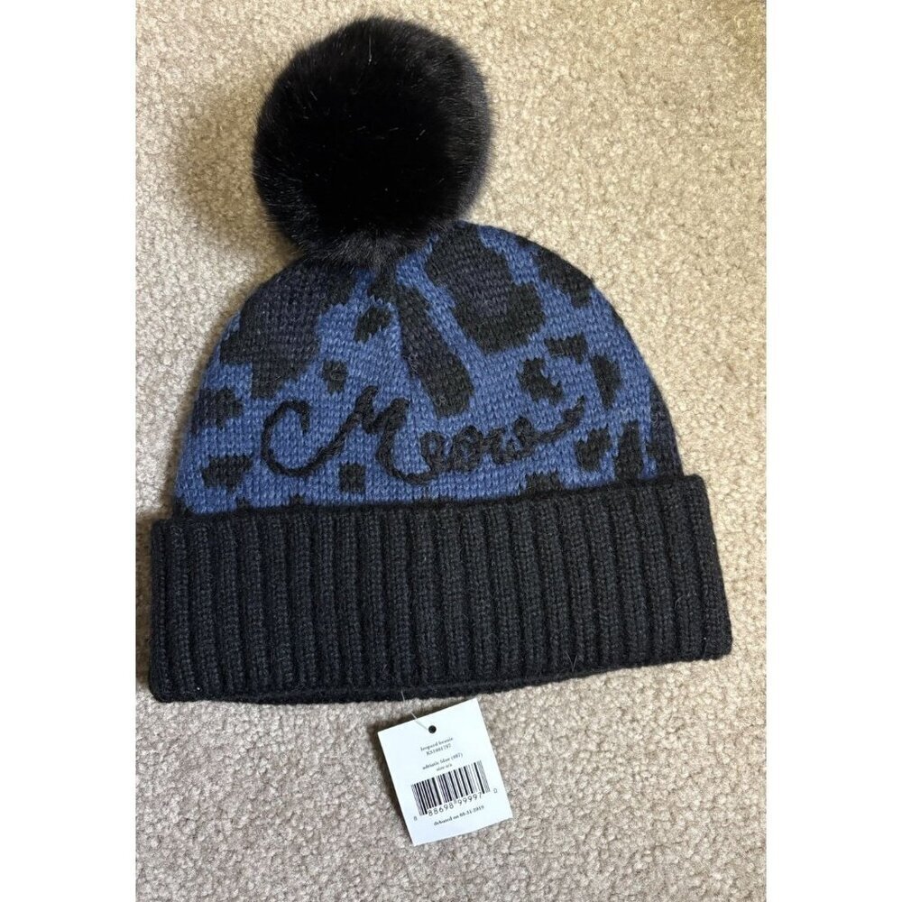 Kate Spade Poms Blue Black Beanie Hat Leopard Meow Retail $59
